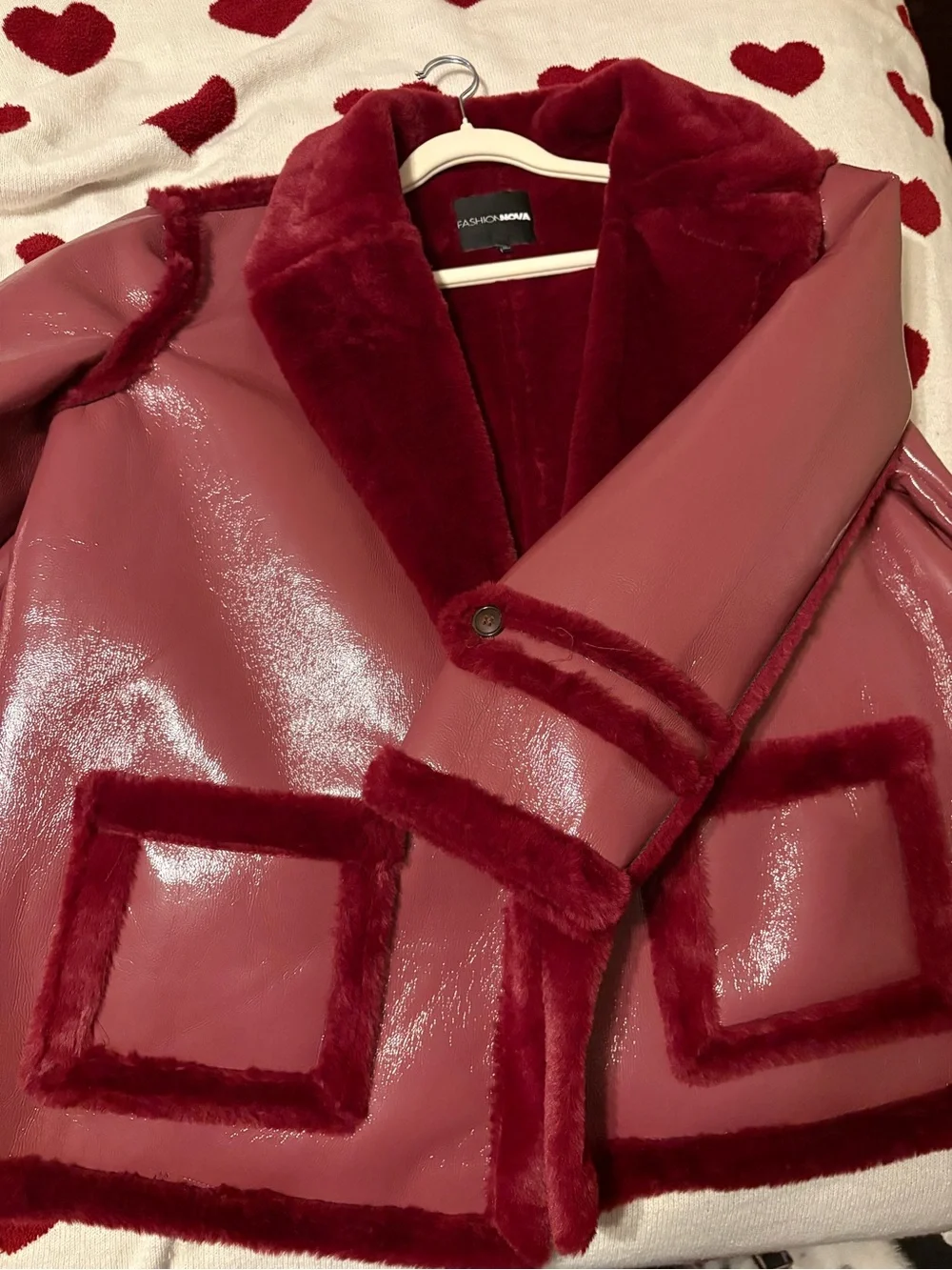 Fashion Nova Burgundy Faux Leather Jacket with Plush Fur Trim